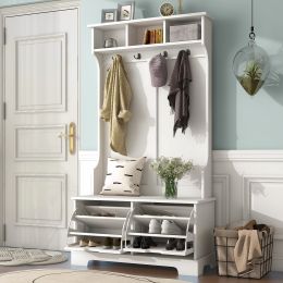 ON-TREND All in One Hall Tree with 3 Top Shelves and 2 Flip Shoe Storage Drawers; Wood Hallway Organizer with Storage Bench and Metal Hanging Hooks; W