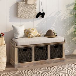 TREXM Rustic Storage Bench with 3 Removable Classic Rattan Basket ; Entryway Bench with Removable Cushion (White Washed)