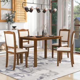 TREXM 5-Piece Wood Dining Table Set Simple Style Kitchen Dining Set Rectangular Table with Upholstered Chairs for Limited Space (Walnut)