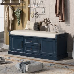 TREXM Storage Bench with 2 Drawers and 2 Cabinets; Shoe Bench with Removable Cushion for Living Room; Entryway (Antique Navy)