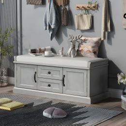 TREXM Storage Bench with 2 Drawers and 2 Cabinets; Shoe Bench with Removable Cushion for Living Room; Entryway (Gray Wash)