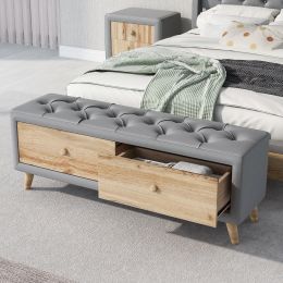 Upholstered Wooden Storage Ottoman Bench with 2 Drawers For Bedroom; Fully Assembled Except Legs and Handles; Padded Seat with Rubber Wood Leg-Gray