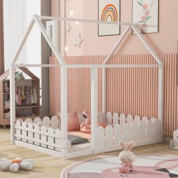 (Slats are not included) Full Size Wood Bed House Bed Frame with Fence; for Kids; Teens; Girls; Boys (White )(OLD SKU:WF281294AAK)