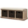 TREXM Rustic Storage Bench with 3 Removable Classic Rattan Basket ; Entryway Bench with Removable Cushion (White Washed)