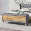 Upholstered Wooden Storage Ottoman Bench with 2 Drawers For Bedroom; Fully Assembled Except Legs and Handles; Padded Seat with Rubber Wood Leg-Gray