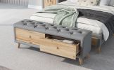 Upholstered Wooden Storage Ottoman Bench with 2 Drawers For Bedroom; Fully Assembled Except Legs and Handles; Padded Seat with Rubber Wood Leg-Gray