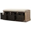 TREXM Rustic Storage Bench with 3 Removable Classic Rattan Basket ; Entryway Bench with Removable Cushion (White Washed)