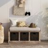 TREXM Rustic Storage Bench with 3 Removable Classic Rattan Basket ; Entryway Bench with Removable Cushion (White Washed)