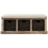 TREXM Rustic Storage Bench with 3 Removable Classic Rattan Basket ; Entryway Bench with Removable Cushion (White Washed)