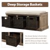 TREXM Rustic Storage Bench with 3 Removable Classic Rattan Basket ; Entryway Bench with Removable Cushion (White Washed)