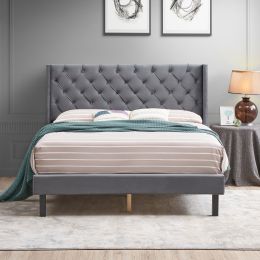 Velvet Button Tufted-Upholstered Bed with Wings Design - Strong Wood Slat Support - Easy Assembly (Color: Dark Gray)