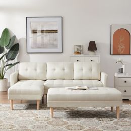 Faux Leather Sectional sofa bed ;  L-shape Sofa Chaise Lounge with Ottoman Bench (Color: Beige)